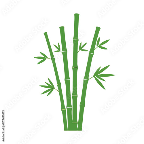 A stylized illustration of several bamboo stalks, exhibiting intricate detailing and vibrant green hues against a stark black backdrop.