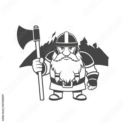 A formidable cartoon warrior, holding an axe, stands proudly against a backdrop of majestic mountains.