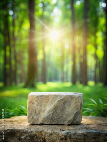 A polished stone mockup with a natural green forest background and subtle lighting effects