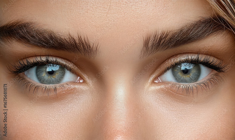 Obraz premium Close-up of a person's eyes with clear blue irises, thick natural eyebrows, and smooth skin, evoking a sense of calm and focus