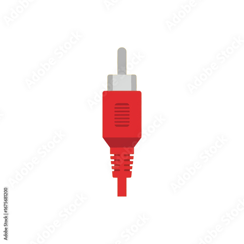 A red audio or video connector, displayed against a plain black background, features a simple, flat design.