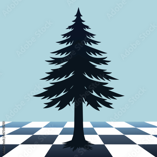 Silhouette of a pine tree on a checkerboard pattern