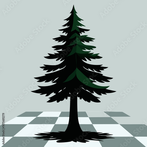 Stylized evergreen tree on a checkerboard pattern