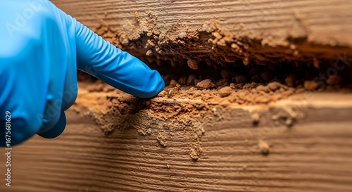 Closeup of termite damage on wood with a gloved hand pointing to the infested area, highlighting pest control and home repair needs
