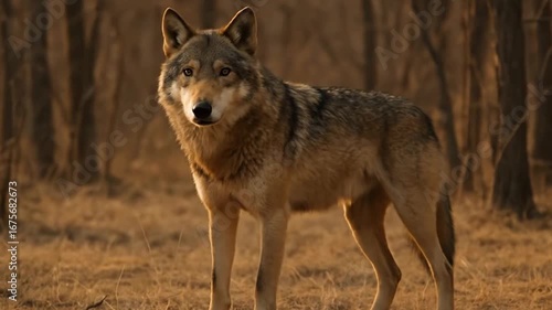 Majestic Wolf Standing and Walking in a Forest at Sunset