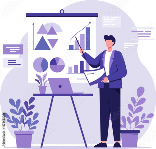 Business Analyst Reviewing Charts and Data on Flipchart