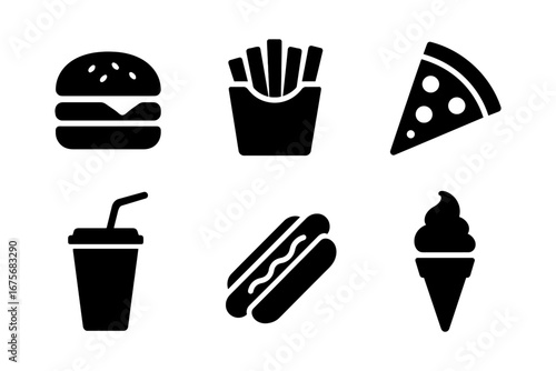 Solid black fast food icon set with burger, fries, pizza, soda, hot dog, and ice cream. Junk food and takeaway meal concept.