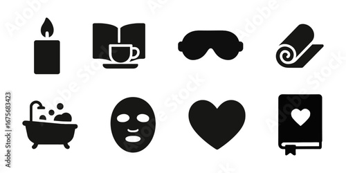 Self care and wellness icons set with candle, book, sleep mask, yoga mat, bathtub, face mask, heart and diary. Relaxation and mindfulness concept.
