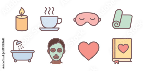Self care and wellness icons set with candle, tea, sleep mask, yoga mat, bathtub, face mask, heart and book. Relaxation and healthy lifestyle concept.