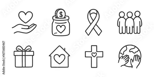 Black and white charity and donation icons set with heart, coin jar, ribbon, group, gift, and global care symbols. Nonprofit and social support concept.