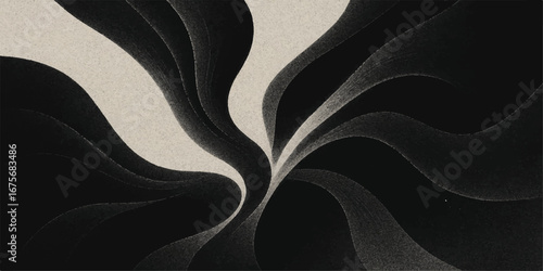 Abstract flowing black and white silk fabric with soft light and smooth wavy texture