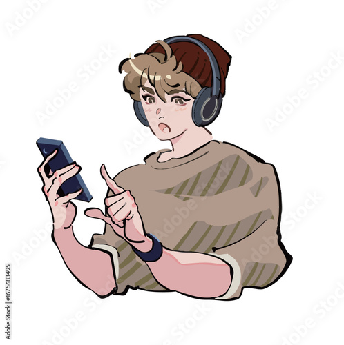 ヘッドフォンで音楽を聴きながらスマホを見ている男性のアイコンイラスト　ひらめき　発見