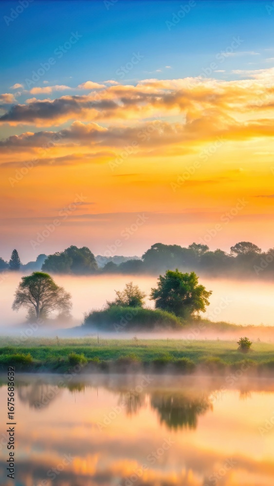 Fototapeta premium Gentle morning fog rolling over a peaceful landscape