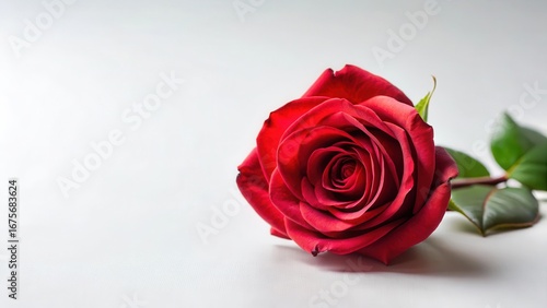 Delicate red rose flower blooms solo on a pristine white canvas