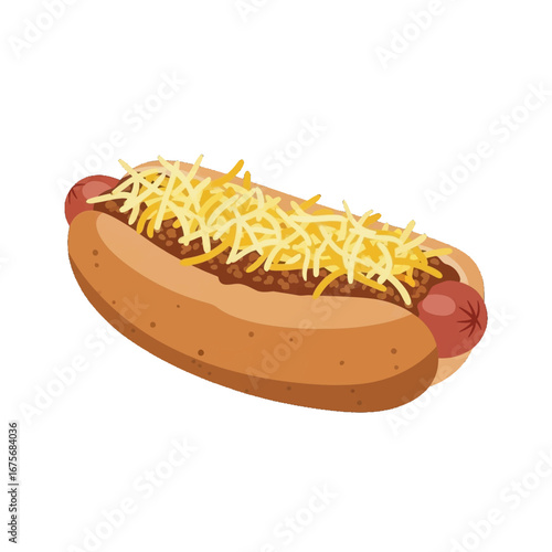 A savory hot dog topped with a generous amount of shredded cheese and chili, presented in a simple, eye-catching graphic design.