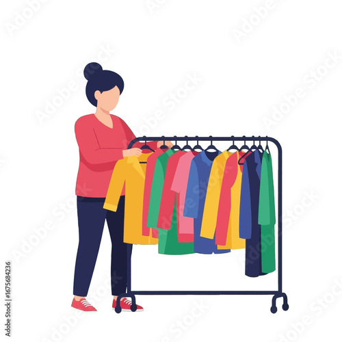 A person chooses clothing from a rack of colorful jackets and coats, showcasing a variety of styles and colors in a simple, flat design.