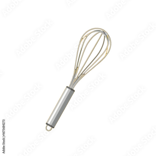 A metallic whisk with a simple, elegant design, showcasing the tool's functionality and utility.