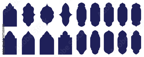 Set of silhouettes of arches in Arabic design. Collection of doors and windows in oriental style. Vector illustration isolated on white background