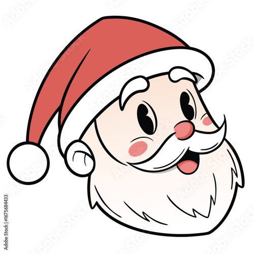 Cartoon Santa Claus face with red hat, white trim and pom‑pom, bushy white eyebrows, mustache and beard, rosy cheeks, and an open smiling mouth with tongue visible.