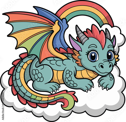 Adorable rainbow baby dragon cartoon, fantasy creature on clouds, colorful wings, cute mythical character, digital art for kids, illustration