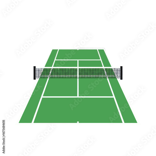 A flat, stylized tennis court with a net, presented against a black background, showcasing a bright, vibrant green court.