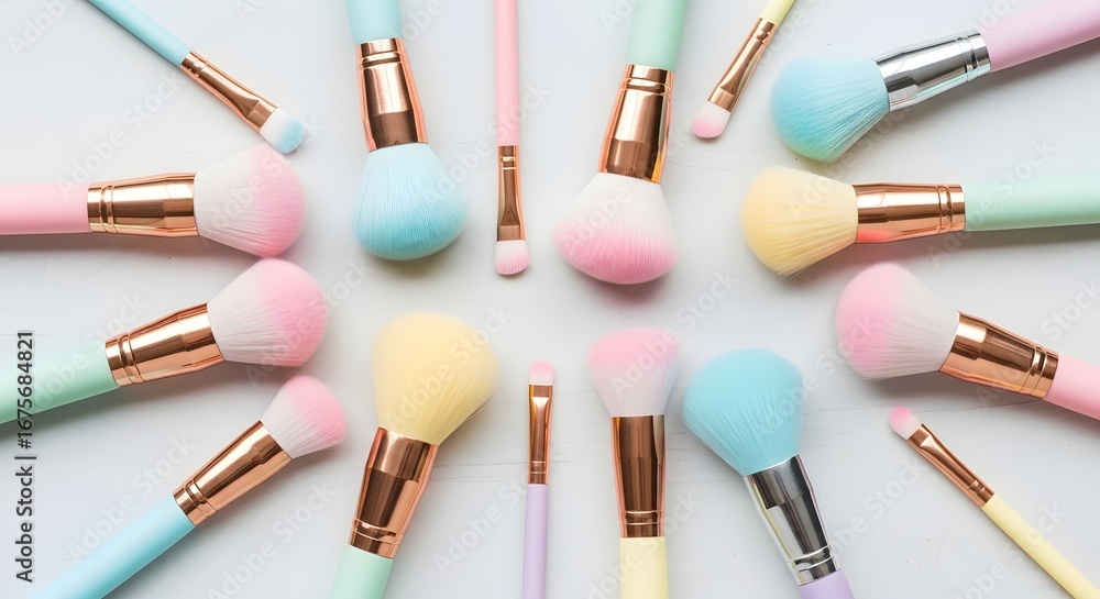 Obraz premium Pastel brushes, makeup set, luxury cosmetic beauty accessories