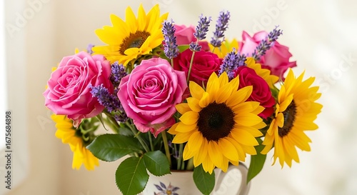 Beautiful Bouquet of Sunflowers Roses and Lavender.