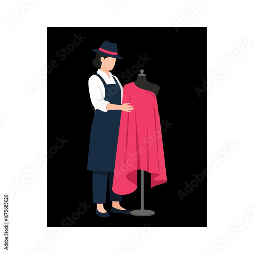 A fashion designer examines a vibrant pink fabric draped over a mannequin, showcasing meticulous craft and attention to detail.