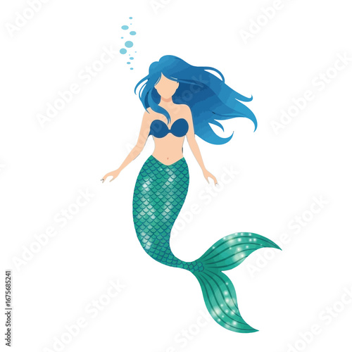 A stylized illustration of a mermaid with vibrant teal scales and flowing blue hair, set against a striking black backdrop.
