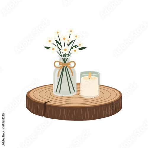 A simple, rustic display of a clear glass vase with white flowers and a candle on a wooden stump.