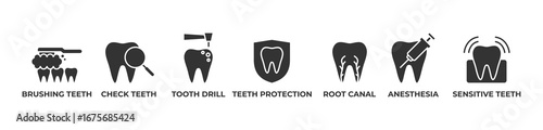 Advanced Dental Treatment Icons set vector illustration with Brushing teeth, Check teeth, Tooth drill, Teeth protection, Root canal, Anesthesia,  Sensitive teeth