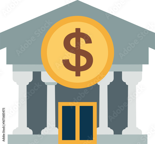 Bank Building With Columns And Large Gold Coin With Dollar Sign finance money