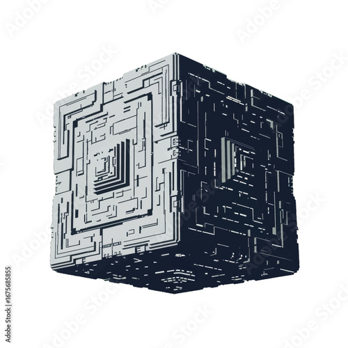 Intricate, geometric cube, detailed with complex, interconnected lines, showcasing a futuristic, technological design against a black backdrop.