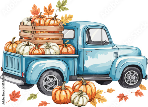 Vintage blue pickup truck filled with autumn pumpkins, watercolor illustration, fall harvest scene, seasonal decoration, rustic countryside theme