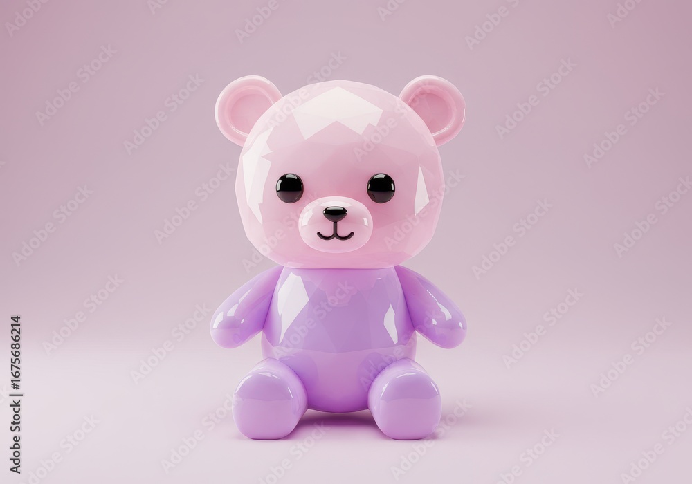 Obraz premium A cute polygonal bear in shades of pink sits on a matching surface. Rendered, soft, and charming