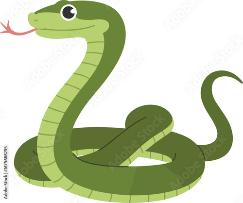 Cartoon green snake with pink tongue flicking and coiled body  reptile animal