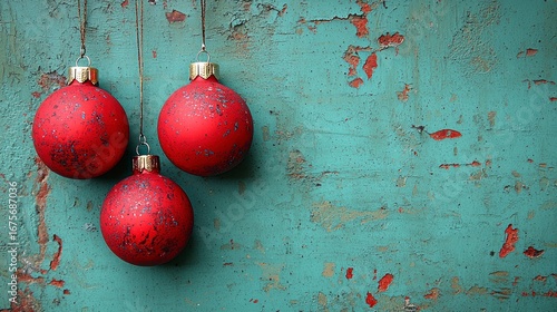 Vintage Retro Christmas Ornaments on Textured Background in Distressed Aqua Color for Festive Advertising and Design Projects