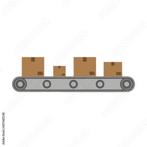 A simple illustration depicts a conveyor belt system carrying different sized cardboard boxes.