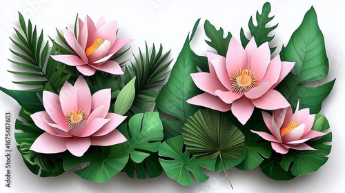 Festive Realistic Paper Cut Out Style Floral Arrangement with Tropical Leaves and Pink Lotus Flowers