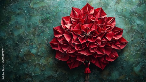 Stunning Origami Christmas Tree Crafted with Realistic Folds in Vivid Red Against a Textured Green Background