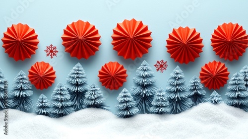 Vibrant Origami Decorations for Christmas with Snowy Trees and Detailed Paper Illustrations