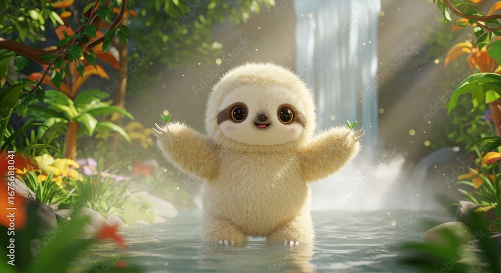 Obraz premium Adorable sloth stands in shallow water with tiny leaves
