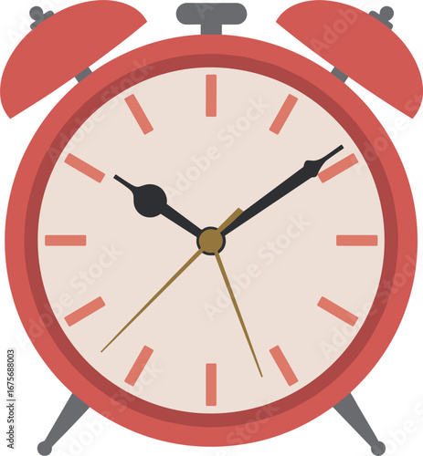 Red twin bell alarm clock with clock hands pointing to 10:10 on white background time