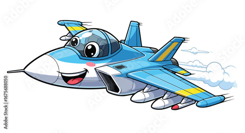 Cute cartoon fighter jet flying with a happy expression.