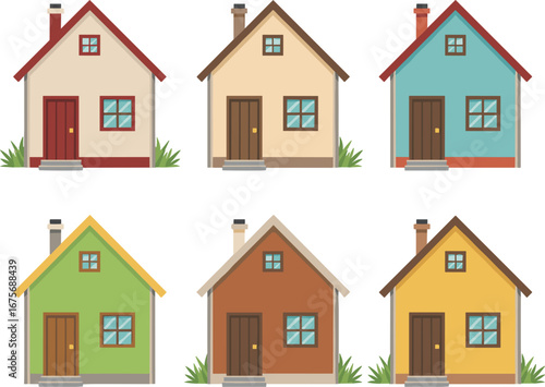 Six colorful cartoon houses with grass and chimneys  homes buildings