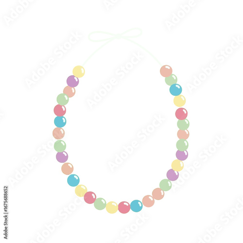 A colorful beaded necklace, formed by round, pastel-colored beads, suspended on a thin, white cord, creating a simple, eye-catching design.