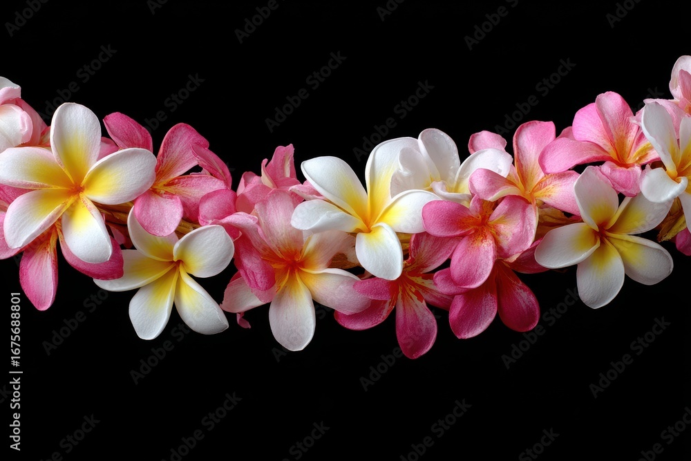 Fototapeta premium Bright garland of frangipani flowers commonly used in Hawaii for celebrations, ceremonies, and special occasions