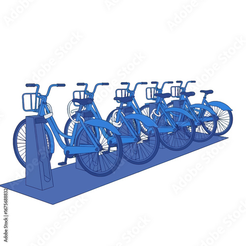 A row of blue public bicycles are parked neatly in designated bike racks against a black backdrop.