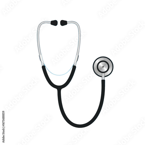 A medical stethoscope, metallic and black, displayed against a stark black background.