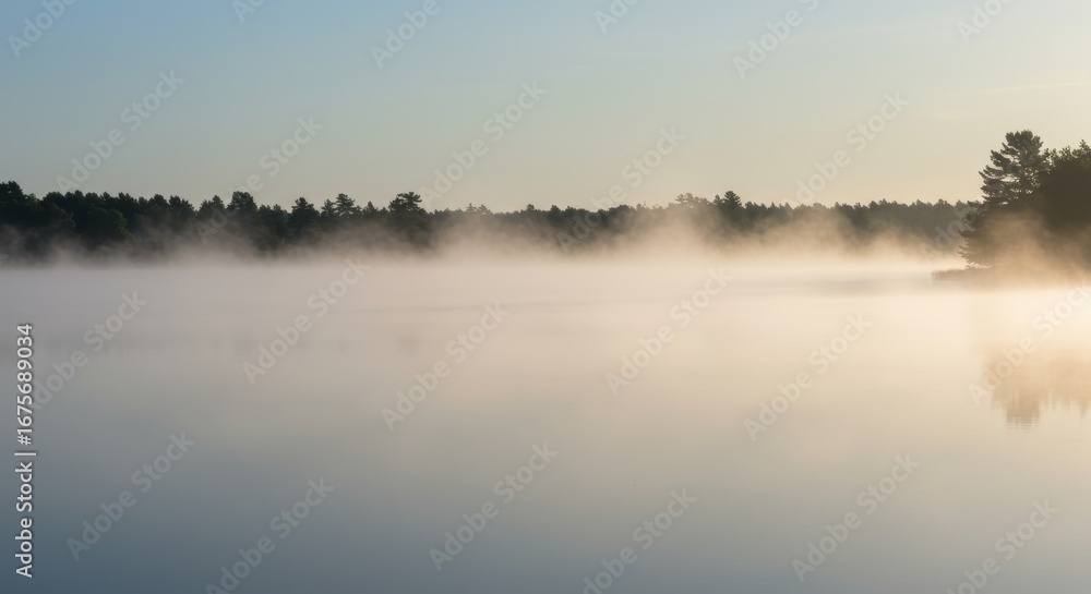 Fototapeta premium Serene Misty Lake at Dawn with Silhouetted Forest Horizon